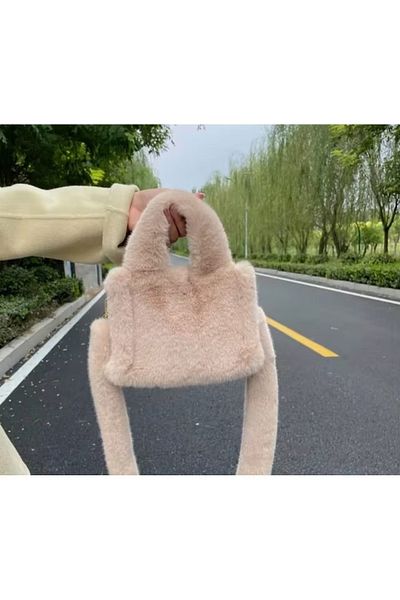 MUTE BAG Long Handle Plush Bag - Soft Fluffy Bag, Cream Color, Cross Body - 24 Size: 18