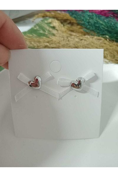 mos&more Silver Heart Women's Earrings with White Ribbon
