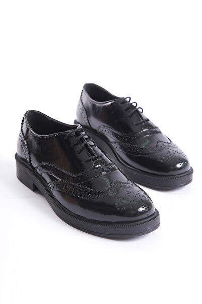Deassa Hakiki Deri Siyah Rugan Oxford Bağcıklı Kadın Ayakkabısı