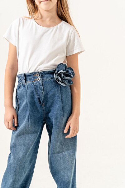 GİYİCEM Kız Çocuk Çıkarılabilir Çiçekli Kot Pantolon