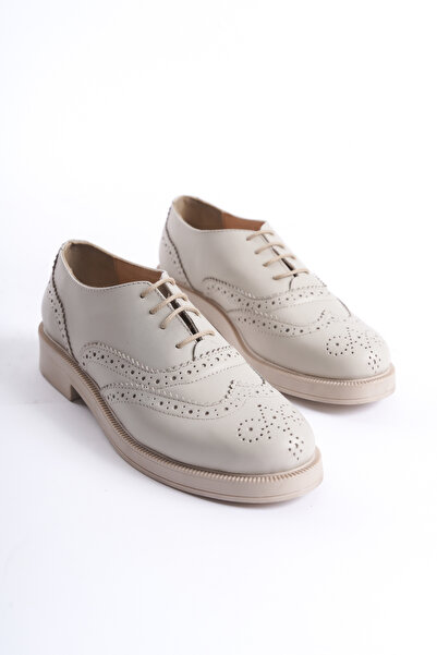 Deassa Hakiki Deri Krem Cilt Oxford Kadın Ayakkabısı