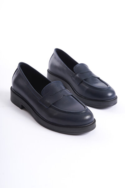 Deassa Hakiki Deri Lacivert Cilt Loafer Kadın Ayakkabı