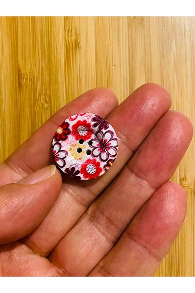 Kartopu Flower Pattern Painted Decorative Wooden Button 25 Mm. Pack of 5.