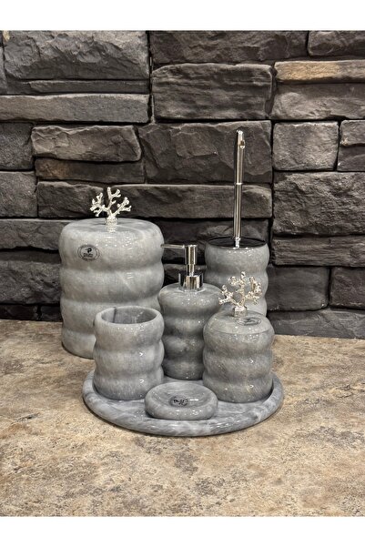 Polen Stone طقم حمام بيضاوي من الخيزران مكون من 7 قطع مع إكسسوارات من الرخام الرمادي