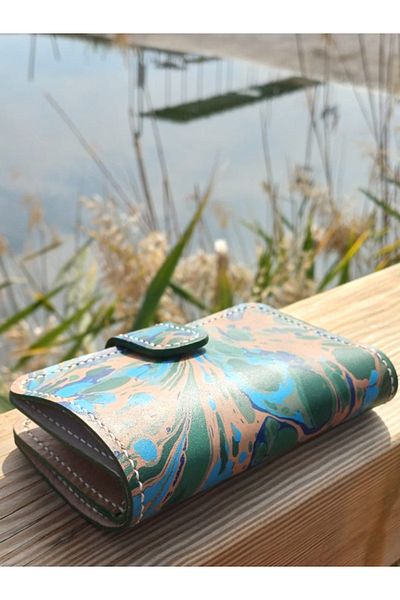 Store Ebru Patterned Genuine Leather Handmade Women's Wallet