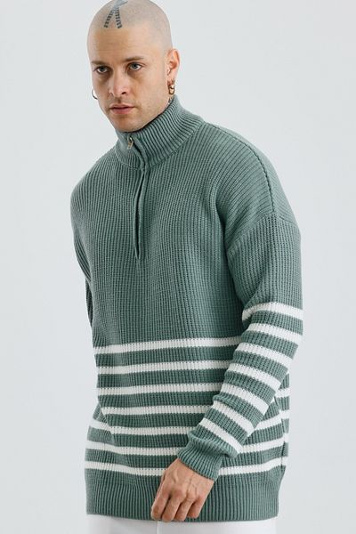 MADZEYMODA Ανδρικό Πράσινο Ριγέ Premium Πλεκτό Πουλόβερ - Oversize, Μισό φερμουάρ Mz62000