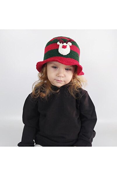 woodycord Hand Knitted Children's Bucket Hat Green Red - Geyikli
