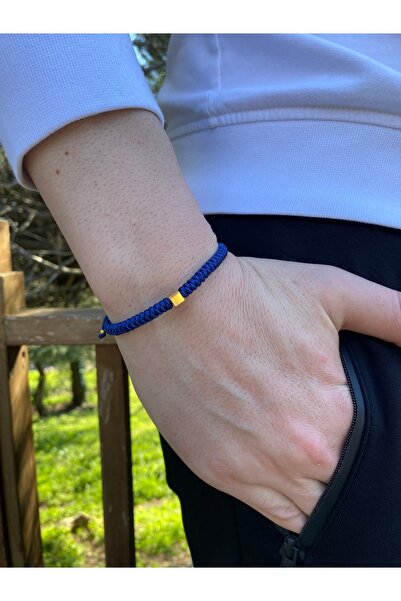 Valore Gold - Altın Küp Aksesuarlı Lacivert Ip Örgü Erkek Bileklik