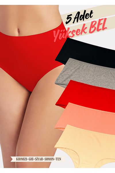 red iç giyim Cotton Women's High Waist Panties 5 Pack (Large Size-Battal-Bato)