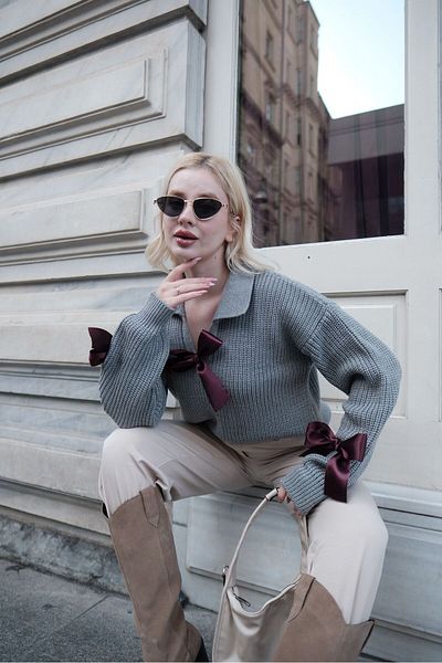 NİLZA Women's Gray Polo Neck Bow Ribbon Detailed Trend Knitwear Sweater