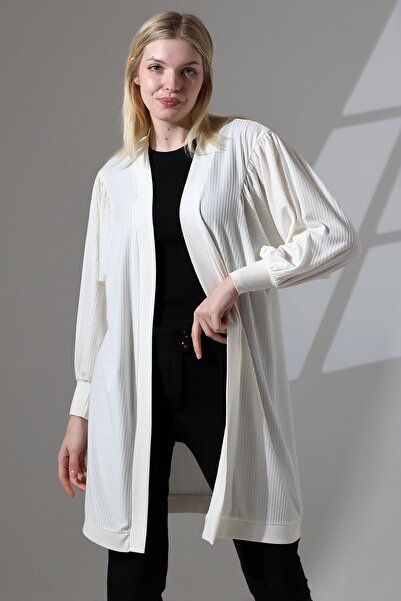 Şiir Silyana Women - Flexible and Soft Textured Ecru Combed Cotton Long Cardigan & Hijab Cardigan