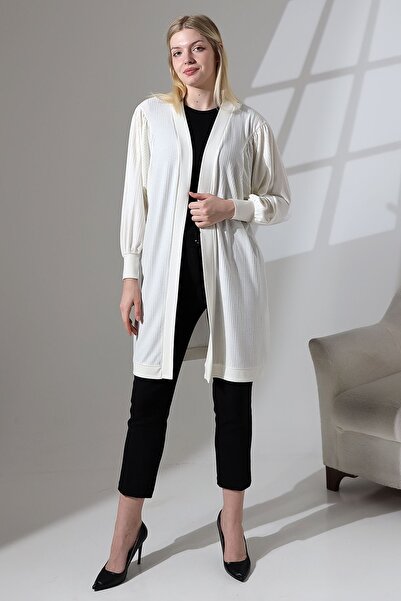 Şiir Silyana Women - Flexible and Soft Textured Ecru Combed Cotton Long Cardigan & Hijab Cardigan