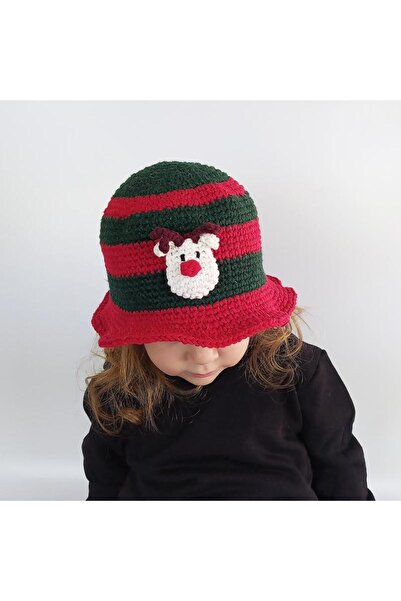 woodycord Hand Knitted Children's Bucket Hat Green Red - Geyikli