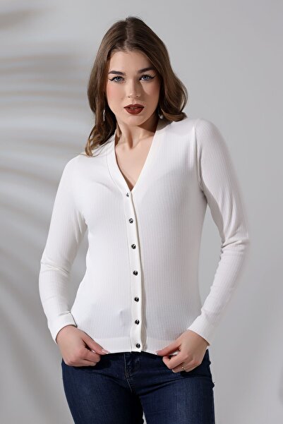 Şiir Corfu Women's Ecru Soft Textured Combed Cotton Classic Buttoned Long Sleeve Knitted Jacquard Basic Cardigan