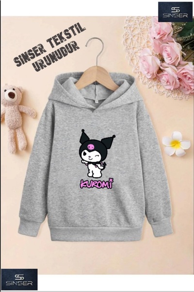 SİNSER TEKS Kız/Erkek Çocuk Beyaz Kapüşonlu ''KUROMI'' Baskılı Sweatshirt