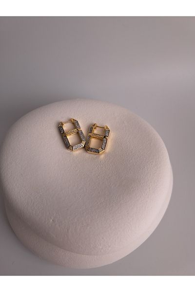 BHR AKSESUAR Gold Zircon Stone Rectangle Earrings