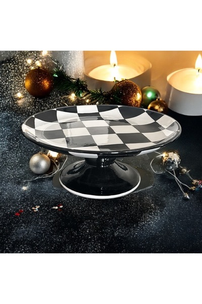 AYGEN HANDMADE SERVİS TABAĞI ÇİNİ DEKORATİF AYAKLI YUVARLAK DAMA DESEN