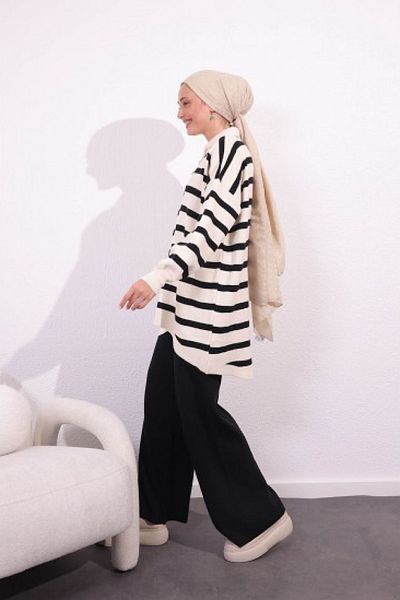 HİFADEN Women's Shirt Collar Buttoned Striped Knitwear Set