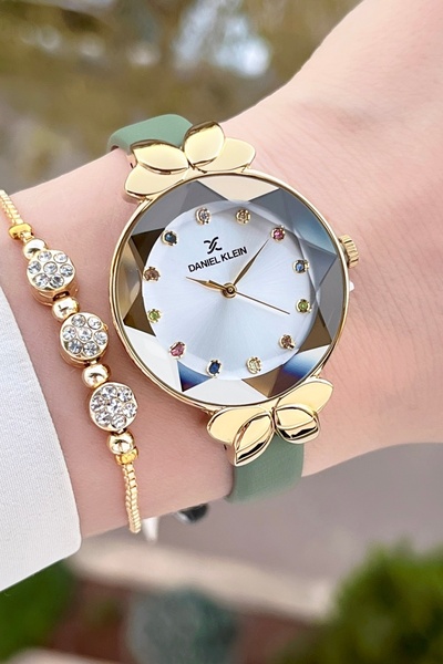 Daniel Klein Kasası Gold Kordonu Yeşil Renk Kadın Kol Saati Ve Bileklik