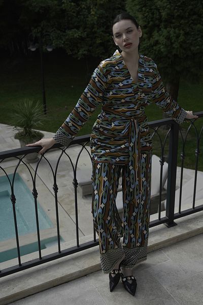 Mita Concept Retro Patterned Kimono-Pants Suit