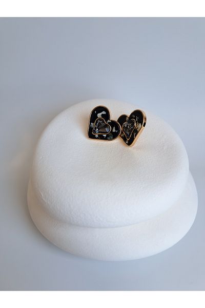BHR AKSESUAR Gold Black Heart Earrings
