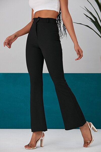KAŞİHA Black Wrapped Fabric Full Stretchy High Waist Flared Leg Trousers 100 cm