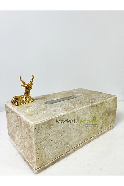 Modestmar Natural Travertine Marble - Napkin Holder, Handkerchief and Napkin Box - Gold Deer Sitting