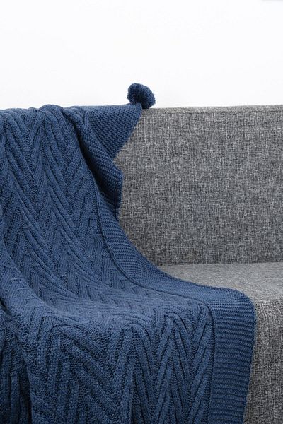 YGT Home Leyla 4 Pompom Indigo Knitwear Tv Blanket - 130X170 Sofa Cover and Leg Shawl