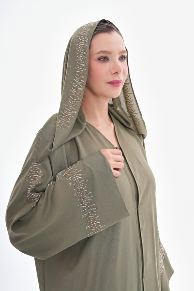 GigiTex عباية حجري بغطاء للرأس باللون الأخضر الكاكي - قماش مخفي، قماش لامع، قياسي 38-44