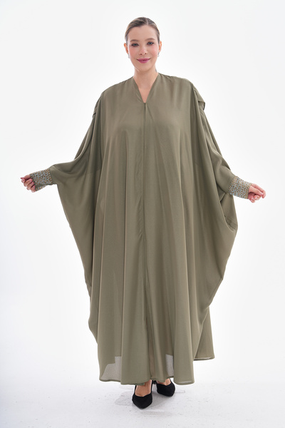 GigiTex Khaki Green Butterfly Model Abaya Ferace - Hoodie and Stone Detail, Shimmer Fabric, Standard 38-44