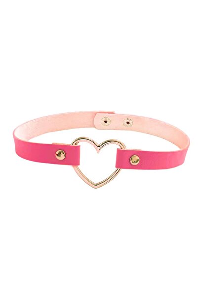 BYBAG Pembe Deri Tasma Kalp 35 cm Choker  Kolye Takı