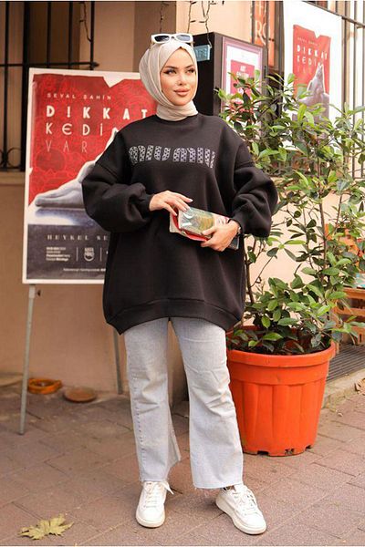 Moda Rosa 25K4436 - Black - Stone Writing Printed Sharped Sweat