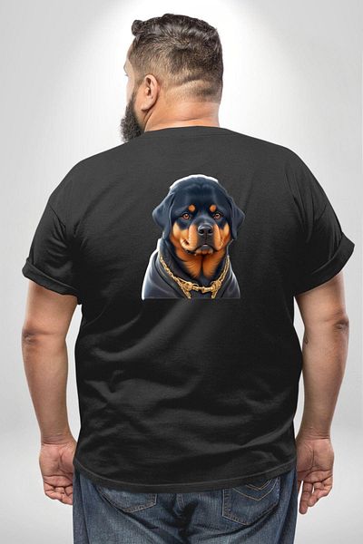 Angemiel تي شيرت أسود كبير الحجم من Rottweiler Puppy - للنساء/الرجال، مطبوع على الظهر