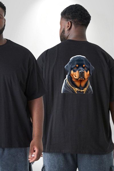 Angemiel تي شيرت أسود كبير الحجم من Rottweiler Puppy - للنساء/الرجال، مطبوع على الظهر