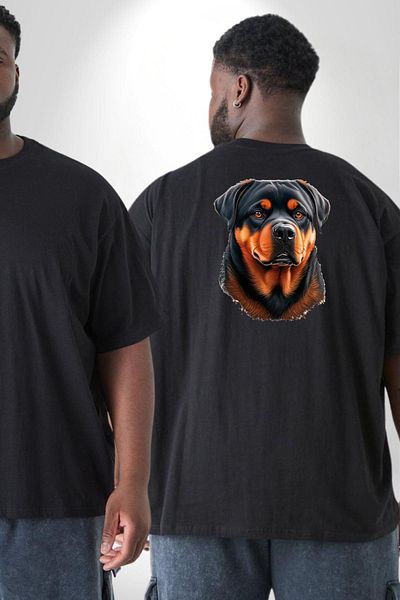 Angemiel تي شيرت أسود كبير الحجم للجنسين من Rottweiler A Secere - مطبوع على الظهر