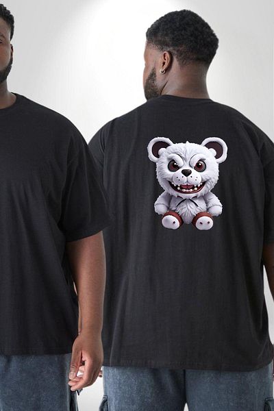 Angemiel تي شيرت أسود كبير الحجم من Freddy Scary Bear - للجنسين، مطبوع على الظهر