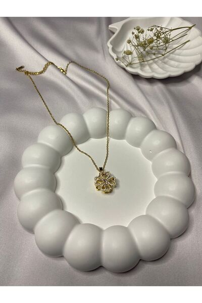 STAİNLES Stres Çarkı Paslanmaz Çelik Kolye Çiçek Model Zirkon Taşlı