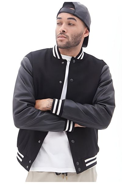 Edizen Unisex Μαύρο Oversize Δερμάτινο Bomber College Jacket - 100% βαμβάκι