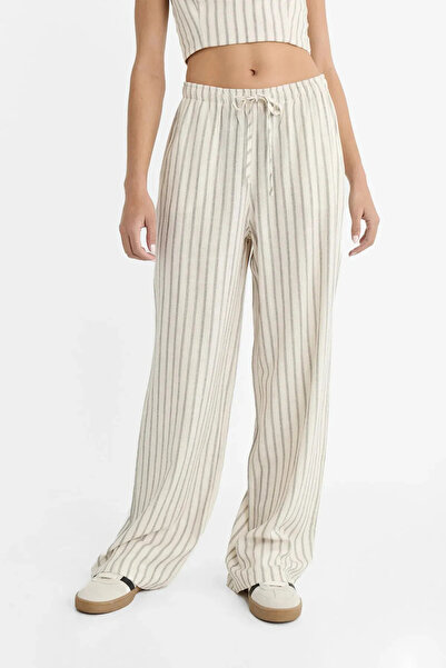 LYTON بنطلون نسائي من الكتان بأرجل واسعة ورباط باللون البيج