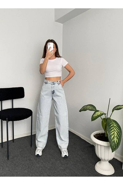 DENOKMODA Waist Belt Detail Bol Cut Baggy Jeans