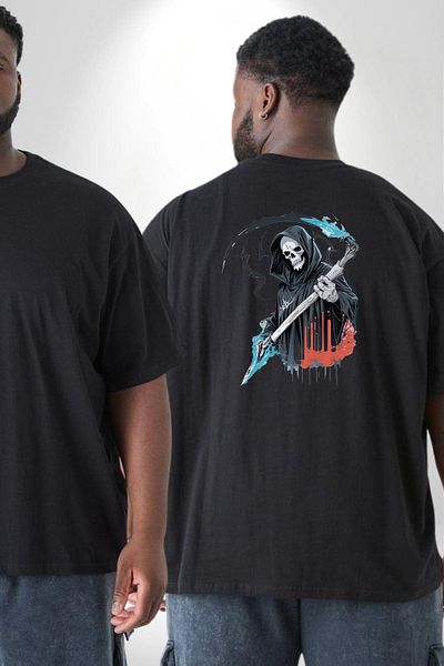 Angemiel تي شيرت أسود كبير الحجم للجنسين من Grim Reaper God of Death - مطبوع على الظهر