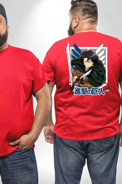 Angemiel تي شيرت Levi Ackerman Anime - أبيض وأحمر مجنح مقاس كبير، للنساء والرجال والجنسين على الظهر