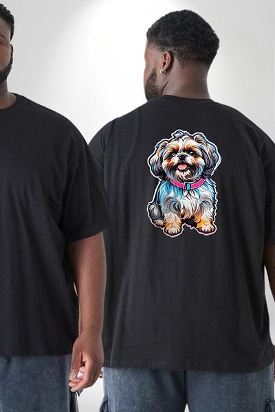 Angemiel تي شيرت أسود ملون كبير الحجم من Shih Tzu - نسائي/رجالي، مطبوع على الظهر