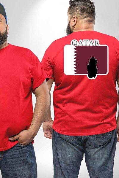 Angemiel تي شيرت أحمر مقاس كبير - علم قطر، للجنسين، مطبوع على الظهر