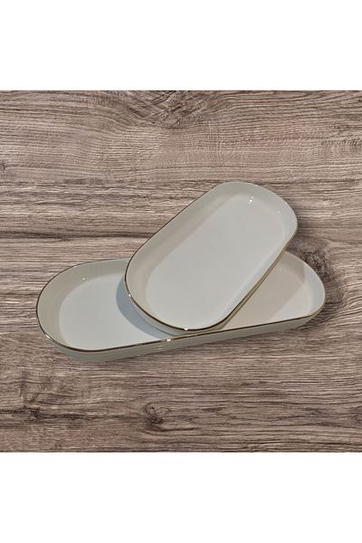Tekbir Gold Striped Porcelain Boat Plate - Pack of 2