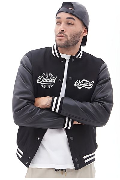 Edizen Unisex Μαύρο Bomber College Jacket - Δερμάτινα μανίκια, 100% βαμβάκι, Oversize Grace