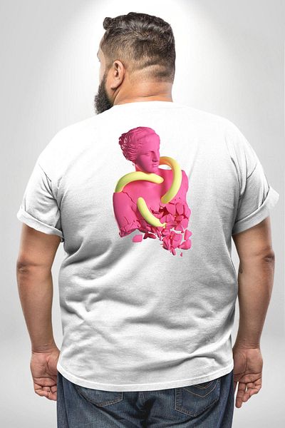 Angemiel تي شيرت Pink Pop Art Creative Sculpture مقاس كبير للجنسين - أبيض مع طباعة خلفية