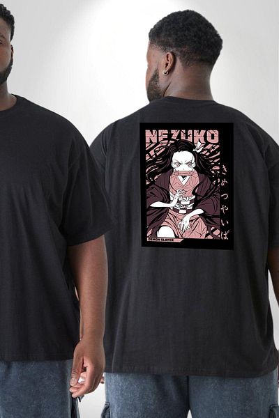 Angemiel تي شيرت أسود كبير الحجم من Demon Slayer Nezuko - للرجال والنساء للجنسين، مطبوع على الظهر