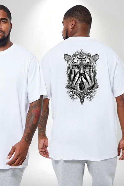 Angemiel تي شيرت أبيض مقاس كبير - نصف إنسان، نصف ليوبارد، Mutant Leopard King، طباعة خلفية، للجنسين