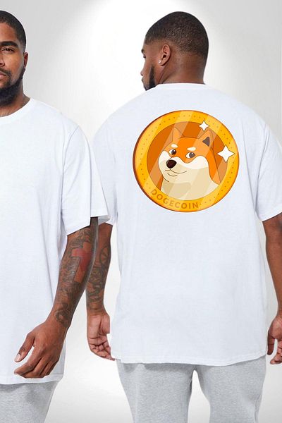 Angemiel تي شيرت أبيض كبير الحجم للجنسين من Doge Coin - مطبوع على الظهر